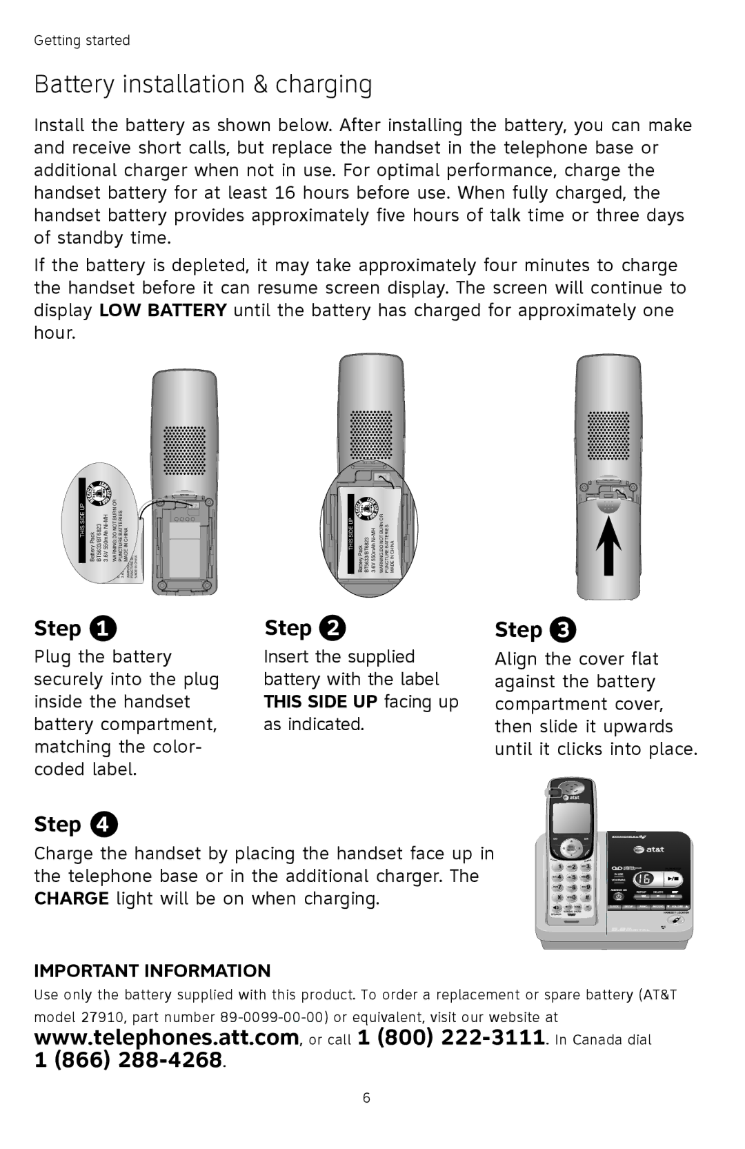 AT&T TL72408 user manual Battery installation & charging, This Side UP 