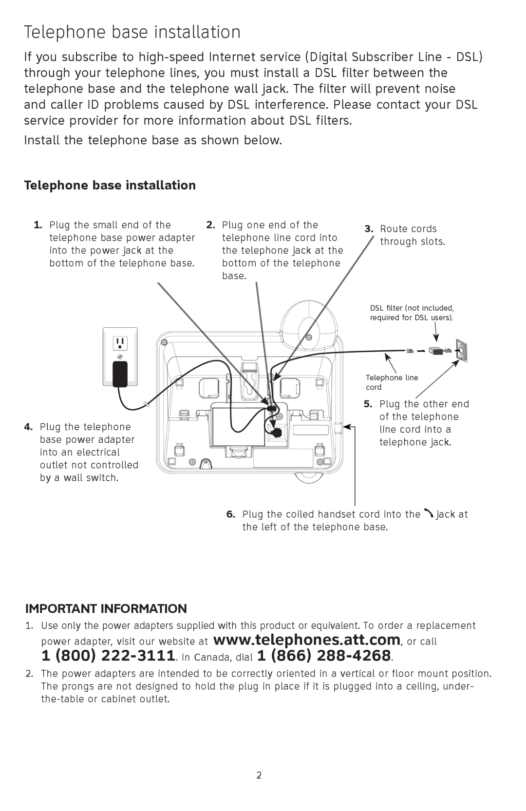 AT&T TL74108 quick start Telephone base installation, 800 222-3111. In Canada, dial 1 866 