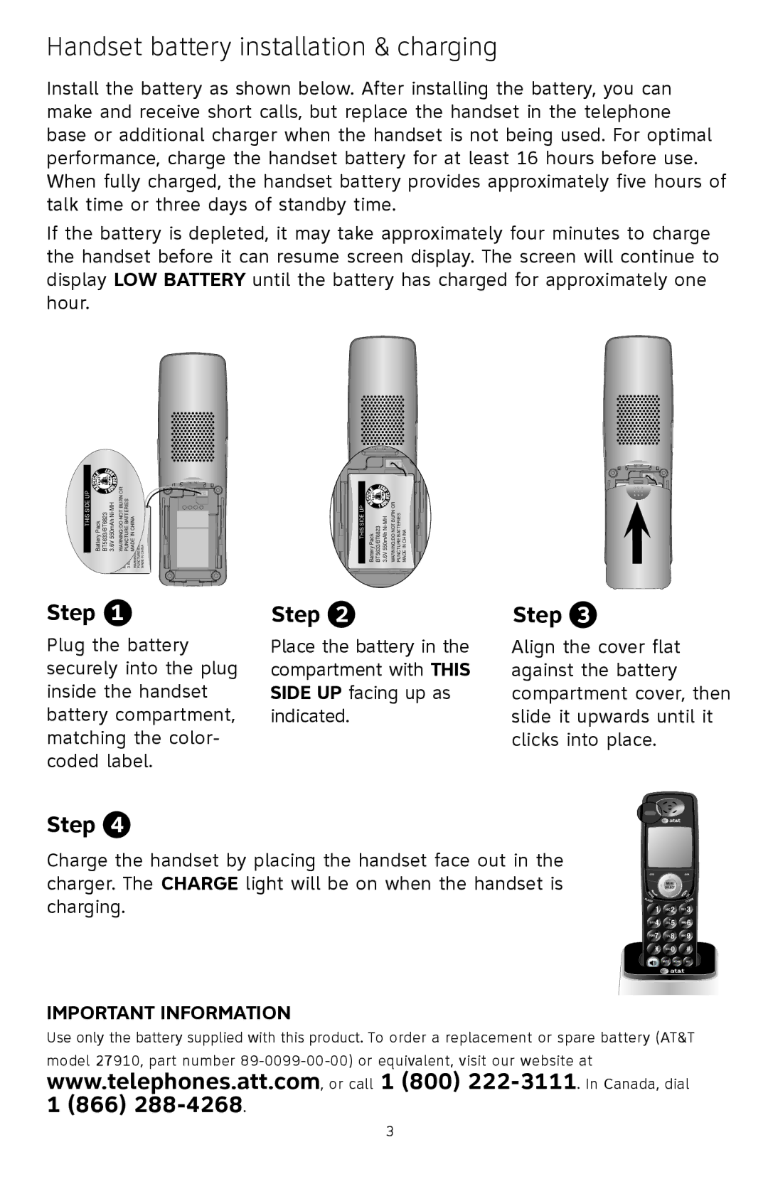 AT&T TL74108 quick start Handset battery installation & charging, Step 