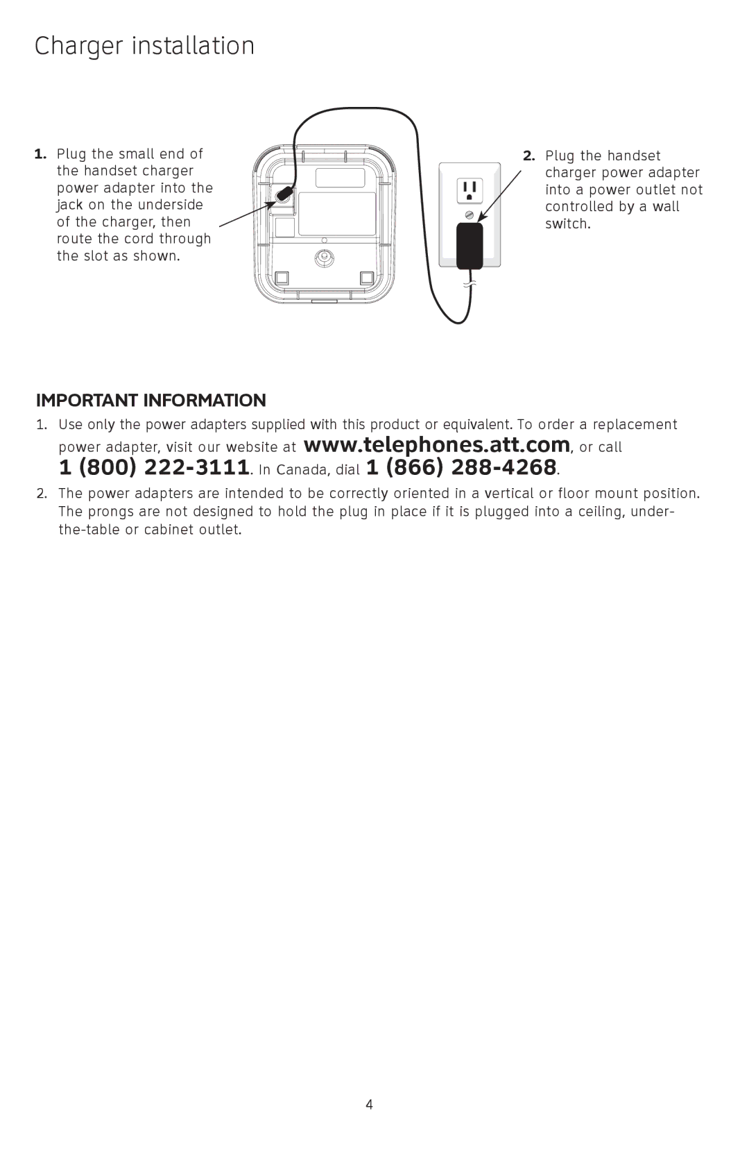 AT&T TL74108 quick start Charger installation 