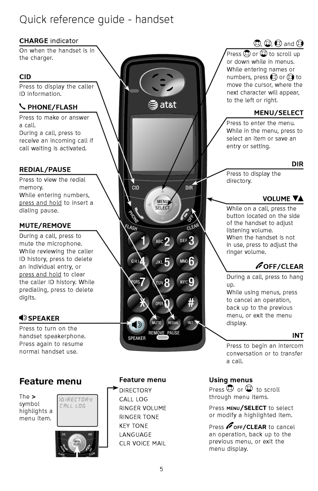 AT&T TL74108 quick start Quick reference guide handset, Feature menu 