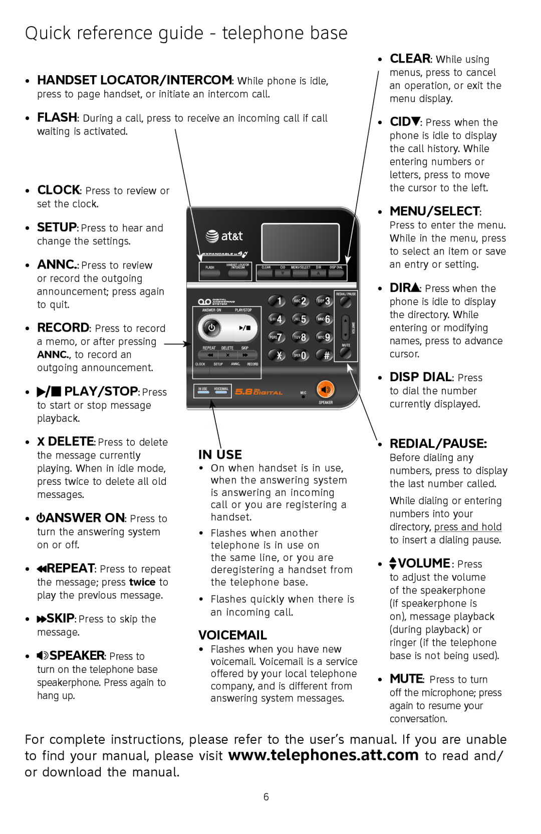 AT&T TL74108 Quick reference guide telephone base, Handset LOCATOR/INTERCOM While phone is idle, Disp Dial Press 