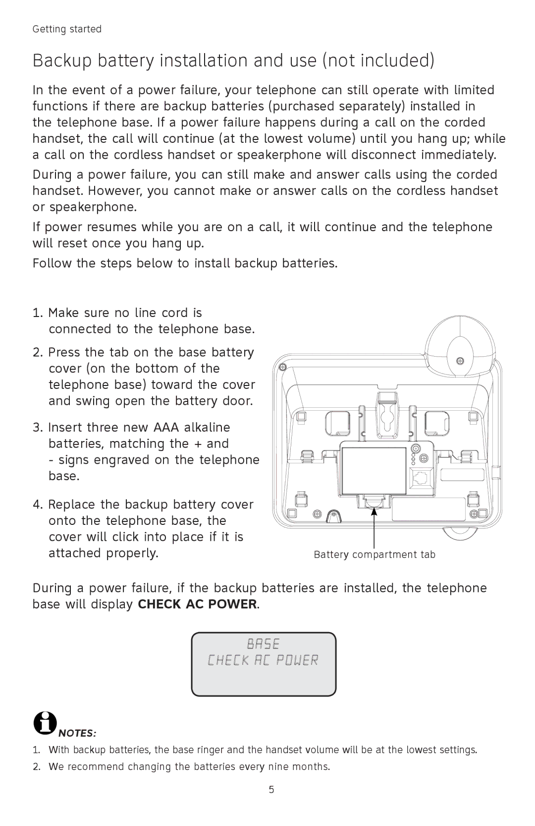 AT&T TL 74208, TL74458, TL74308, TL74358, TL74408 Backup battery installation and use not included, Base Check AC Power 