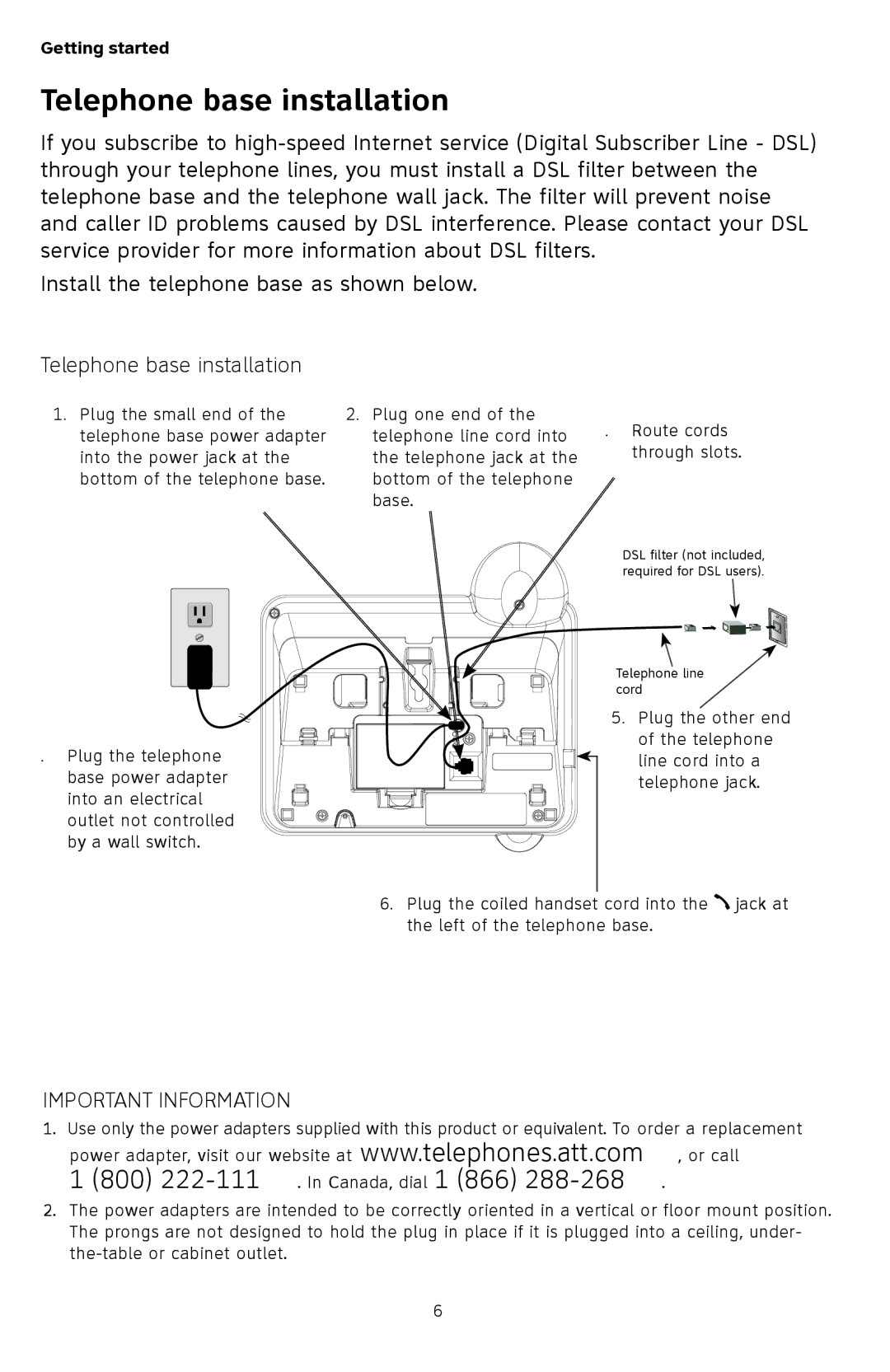 AT&T TL74258, TL74458, TL74308, TL74358, TL74408, TL 74208 user manual Telephone base installation 