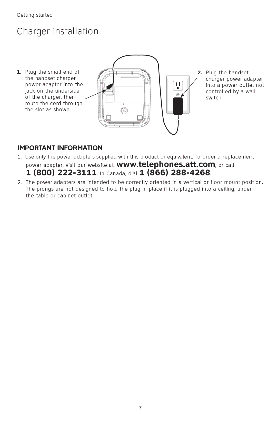 AT&T TL74458, TL74308, TL74358, TL74408, TL 74208, TL74258 user manual Charger installation 