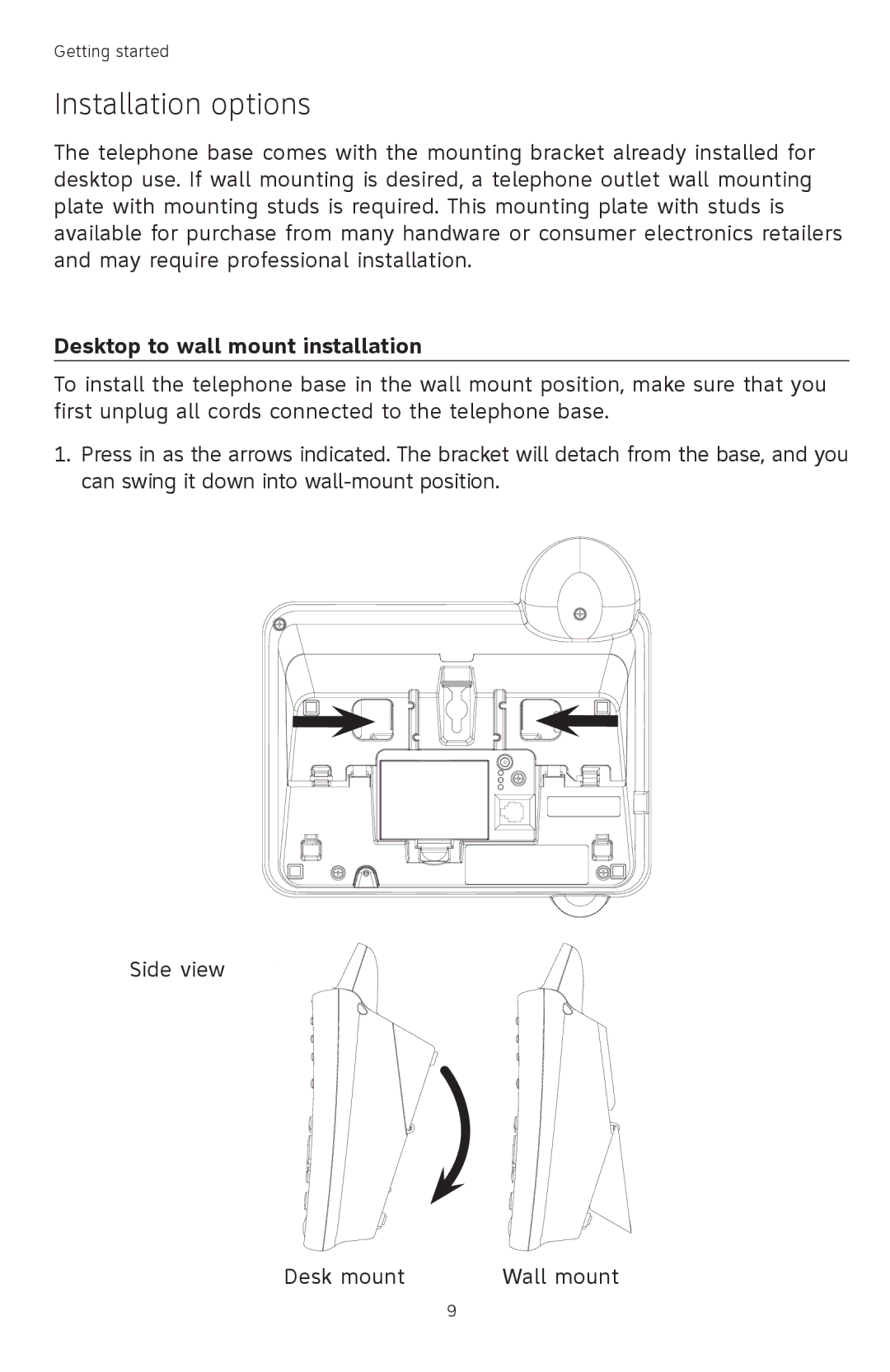 AT&T TL74358, TL74458, TL74308, TL74408, TL 74208, TL74258 user manual Installation options, Desktop to wall mount installation 