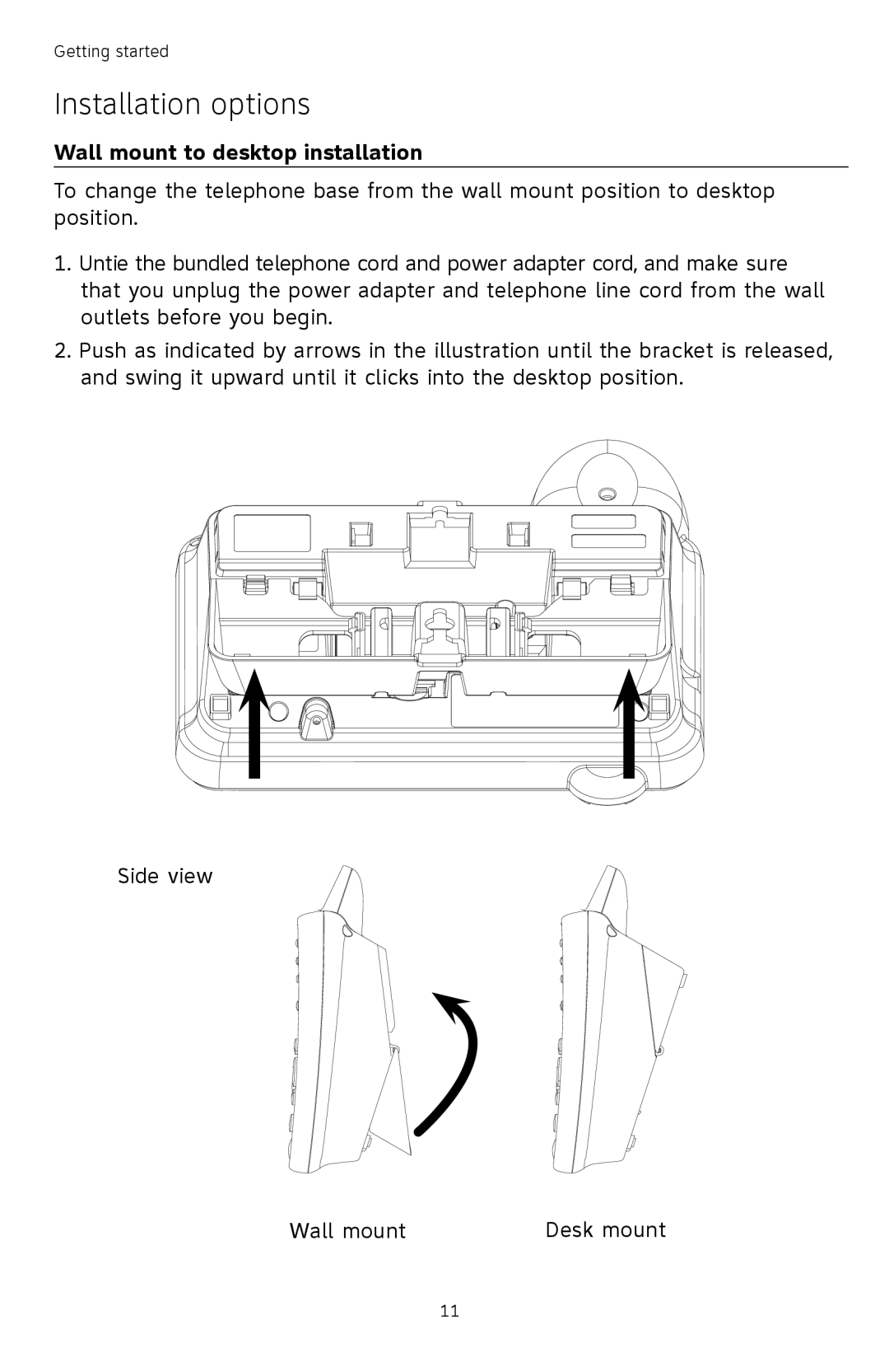 AT&T TL 74208, TL74458, TL74308, TL74358, TL74408, TL74258 user manual Wall mount to desktop installation 