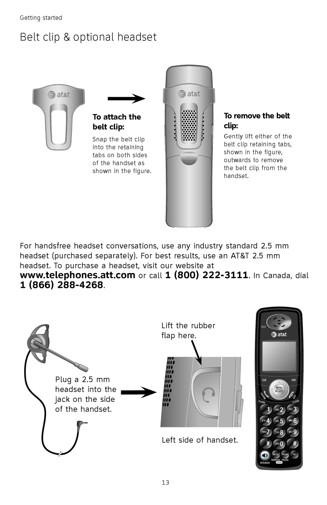 AT&T TL74458, TL74308, TL74358, TL74408 Belt clip & optional headset, To attach the belt clip, To remove the belt clip 