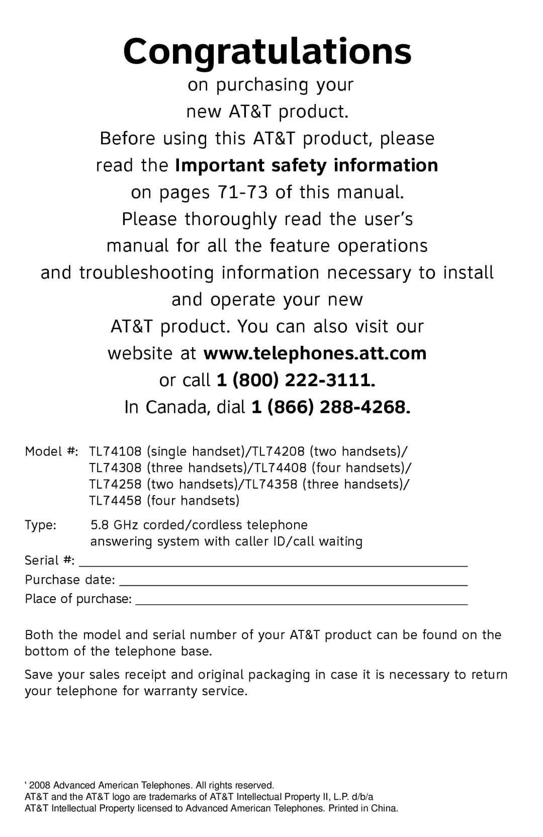 AT&T TL74358, TL74458, TL74308, TL74408, TL 74208, TL74258 user manual Congratulations, On purchasing your new AT&T product 