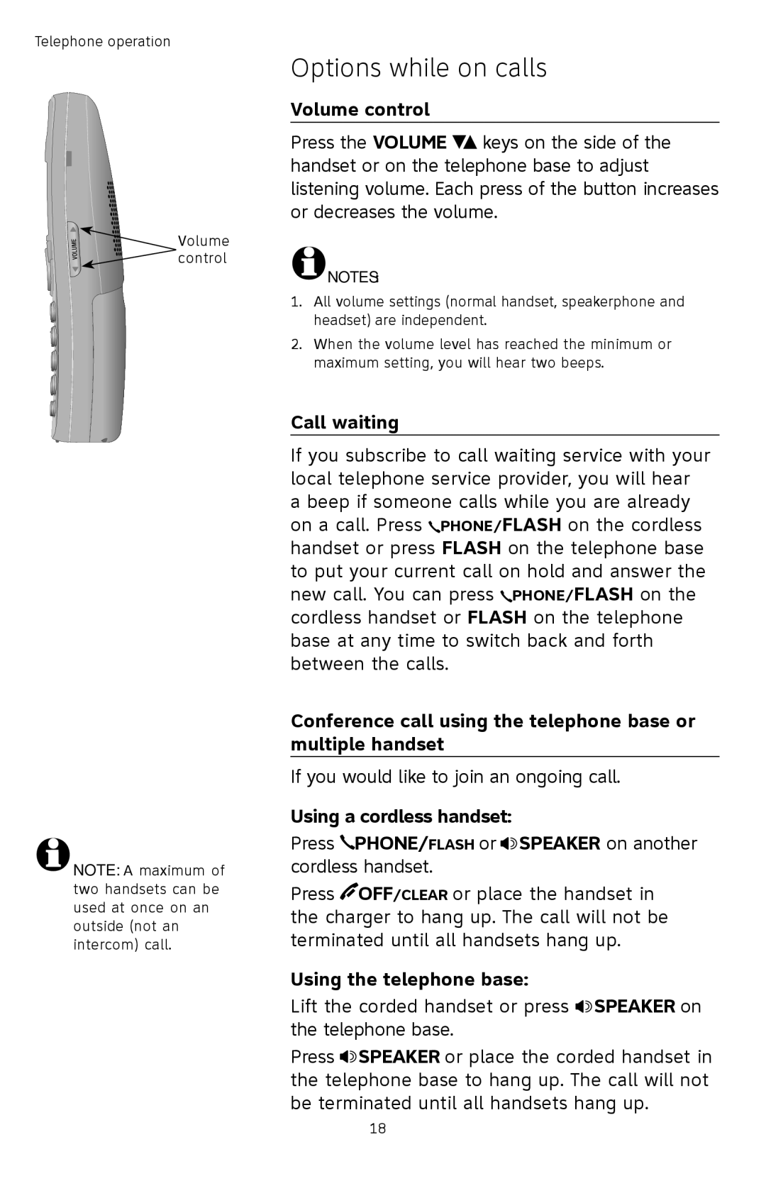 AT&T TL74258, TL74458, TL74308, TL74358, TL74408, TL 74208 user manual Options while on calls, Volume control, Call waiting 