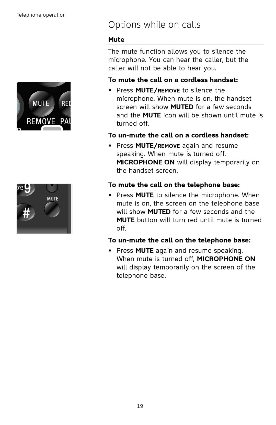 AT&T TL74458, TL74308, TL74358 Mute, To mute the call on a cordless handset, To un-mute the call on a cordless handset 