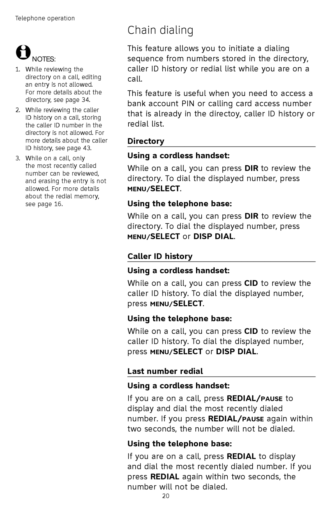 AT&T TL74308, TL74458 Chain dialing, Directory Using a cordless handset, Caller ID history Using a cordless handset 