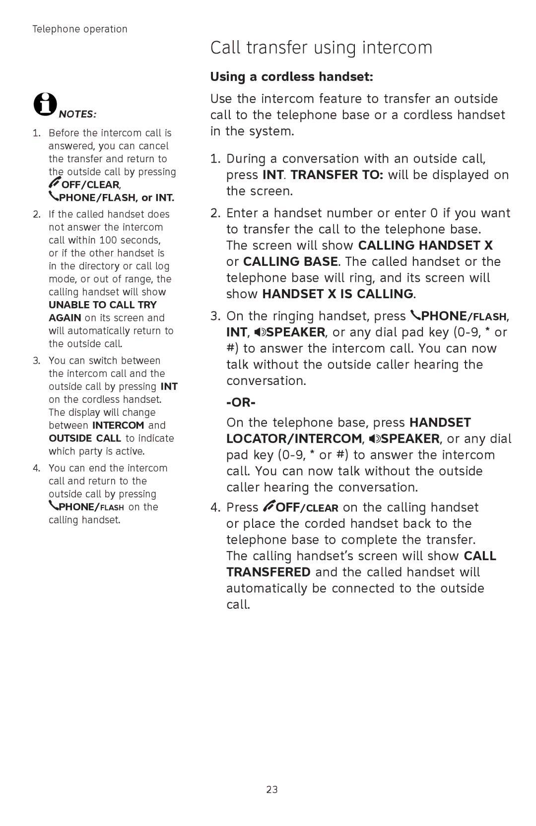 AT&T TL 74208, TL74458, TL74308, TL74358, TL74408, TL74258 user manual Call transfer using intercom, PHONE/FLASH, or INT 