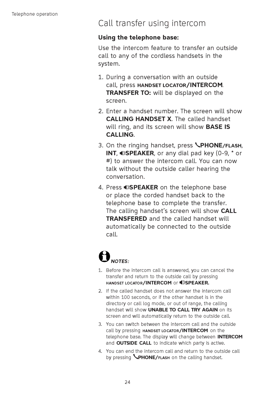 AT&T TL74258, TL74458, TL74308, TL74358, TL74408, TL 74208 user manual Call transfer using intercom 