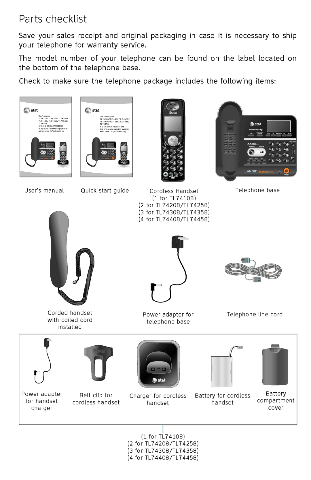 AT&T TL74408, TL74458, TL74308, TL74358, TL 74208, TL74258 user manual Parts checklist 