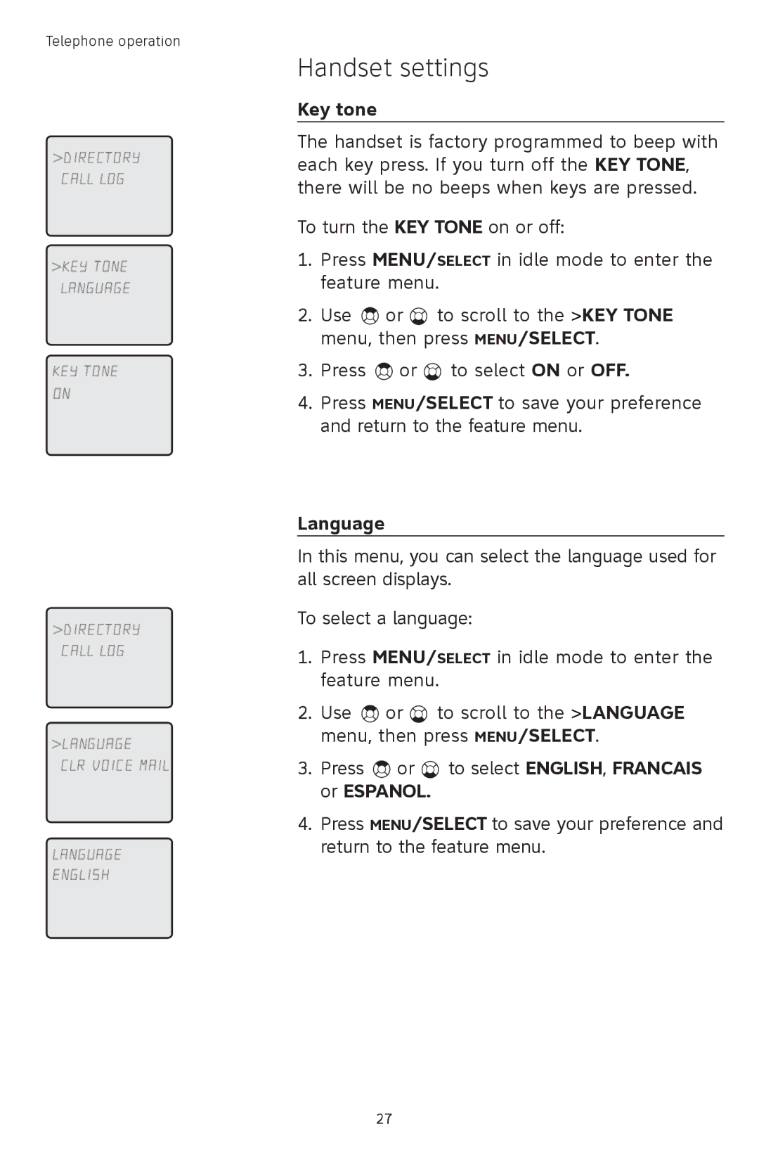 AT&T TL74358, TL74458, TL74308, TL74408, TL 74208, TL74258 user manual Key tone, Language 