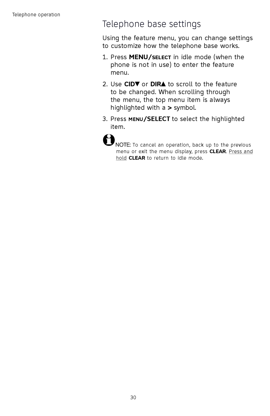 AT&T TL74258, TL74458, TL74308, TL74358, TL74408, TL 74208 user manual Telephone base settings 