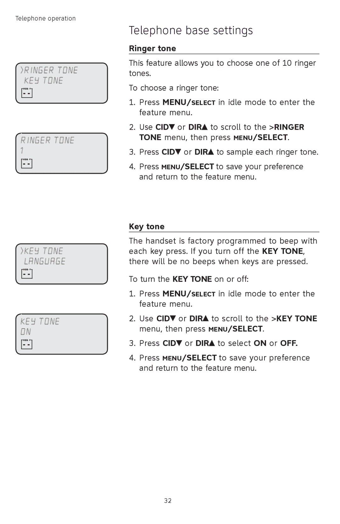 AT&T TL74308, TL74458, TL74358, TL74408, TL 74208, TL74258 user manual Ringer Tone KEY Tone 