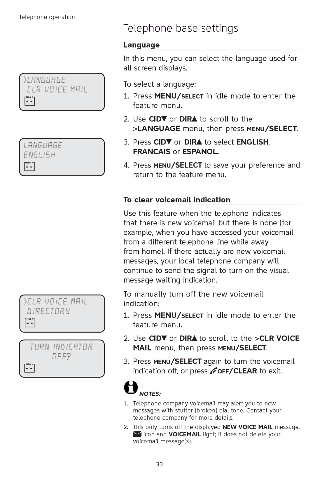 AT&T TL74358, TL74458, TL74308, TL74408, TL 74208, TL74258 user manual Language CLR Voice Mail 