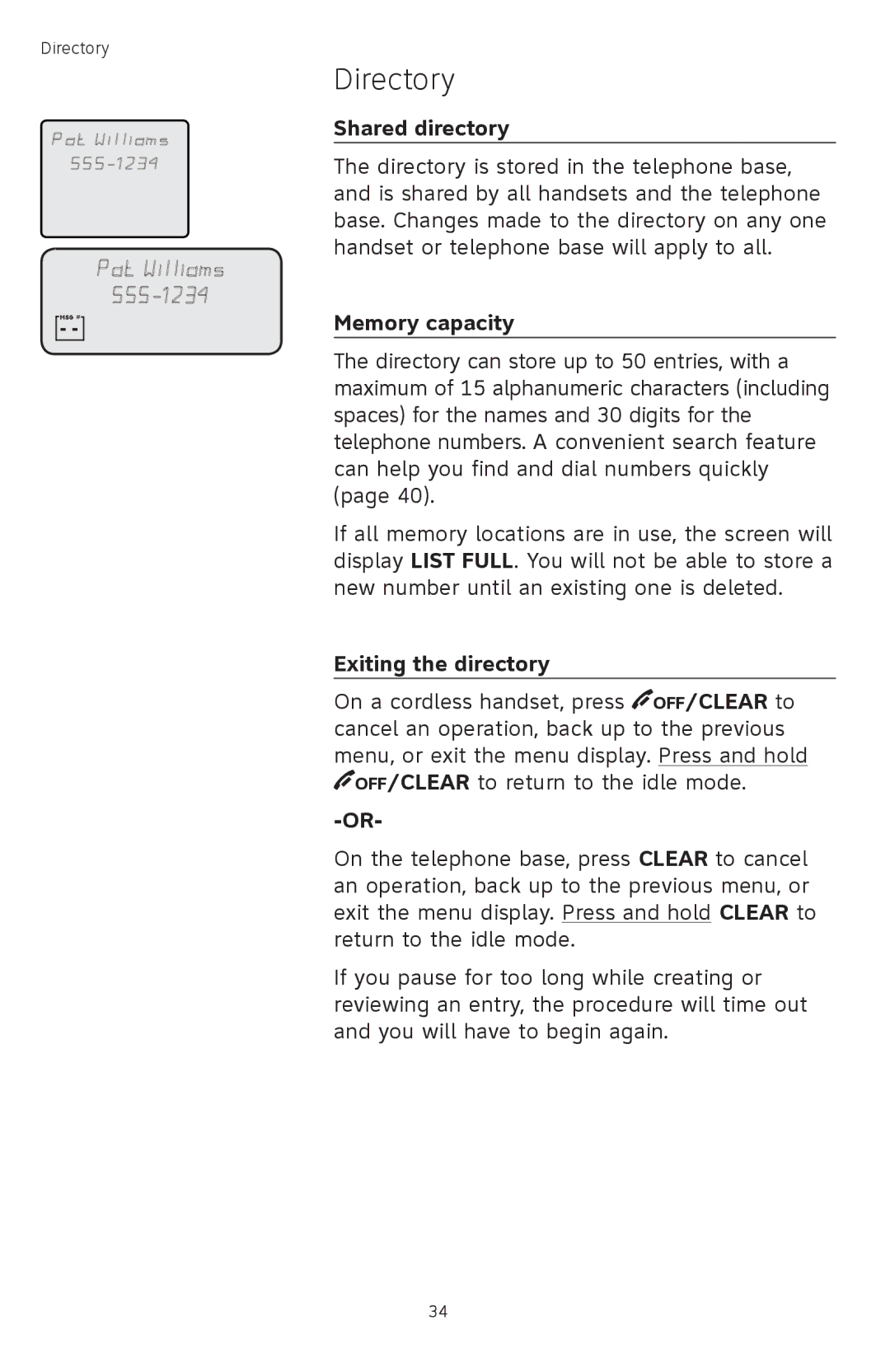 AT&T TL74408, TL74458, TL74308, TL74358, TL 74208, TL74258 Directory, Shared directory, Memory capacity, Exiting the directory 