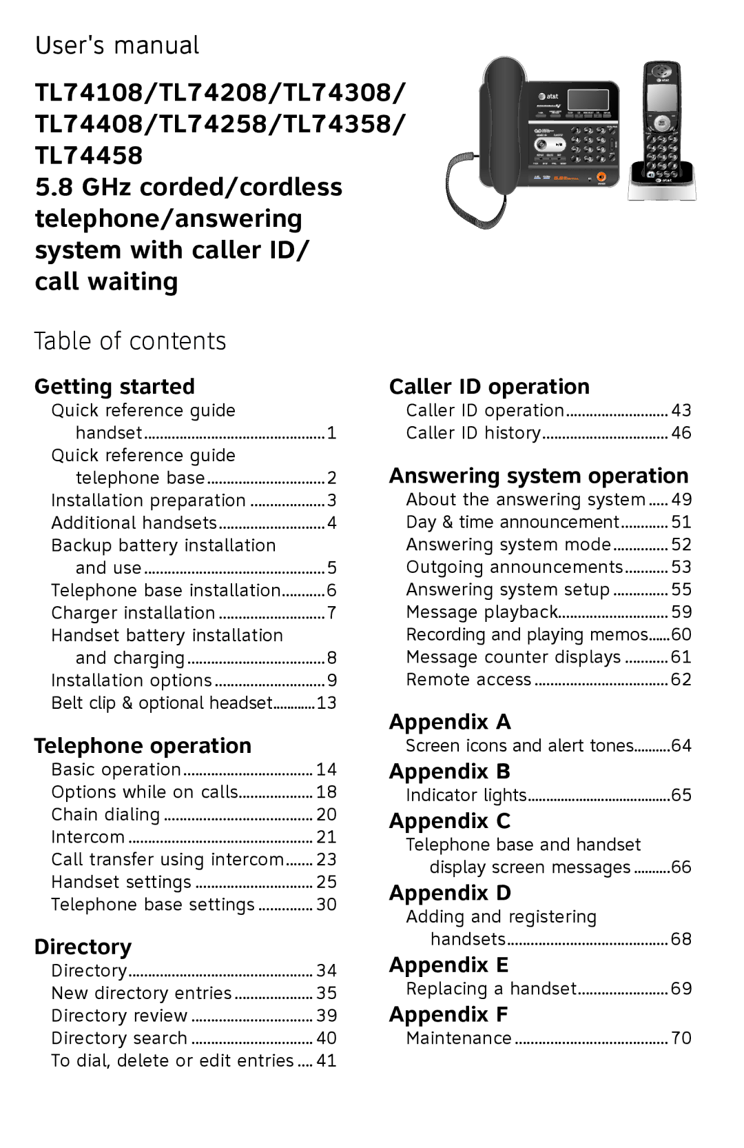 AT&T TL 74208 user manual TL74108/TL74208/TL74308 TL74408/TL74258/TL74358 TL74458, Table of contents 