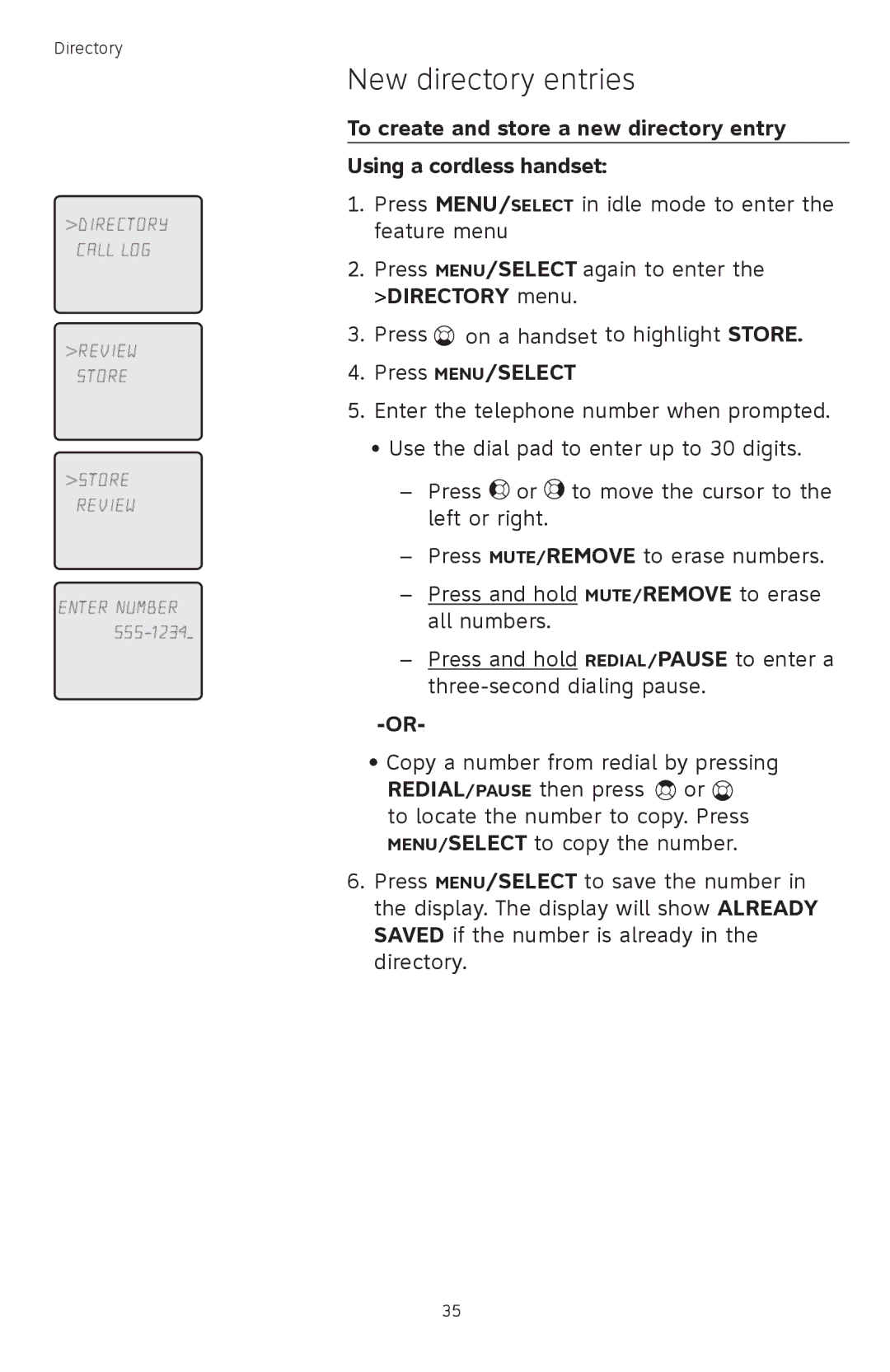 AT&T TL 74208, TL74458, TL74308, TL74358, TL74408, TL74258 user manual New directory entries, Press MENU/SELECT 