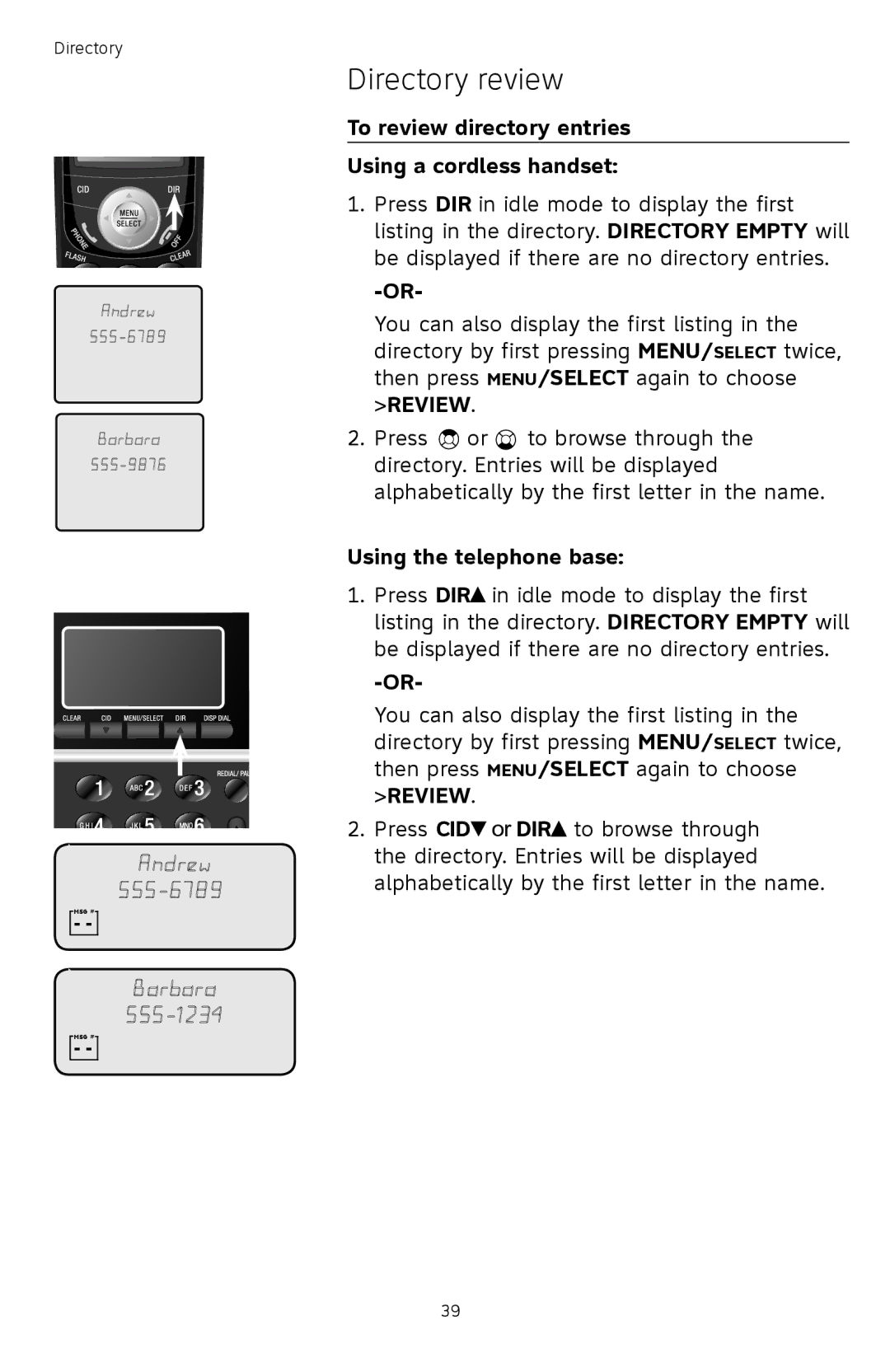 AT&T TL74358, TL74458, TL74308, TL74408, TL 74208 Directory review, To review directory entries Using a cordless handset 