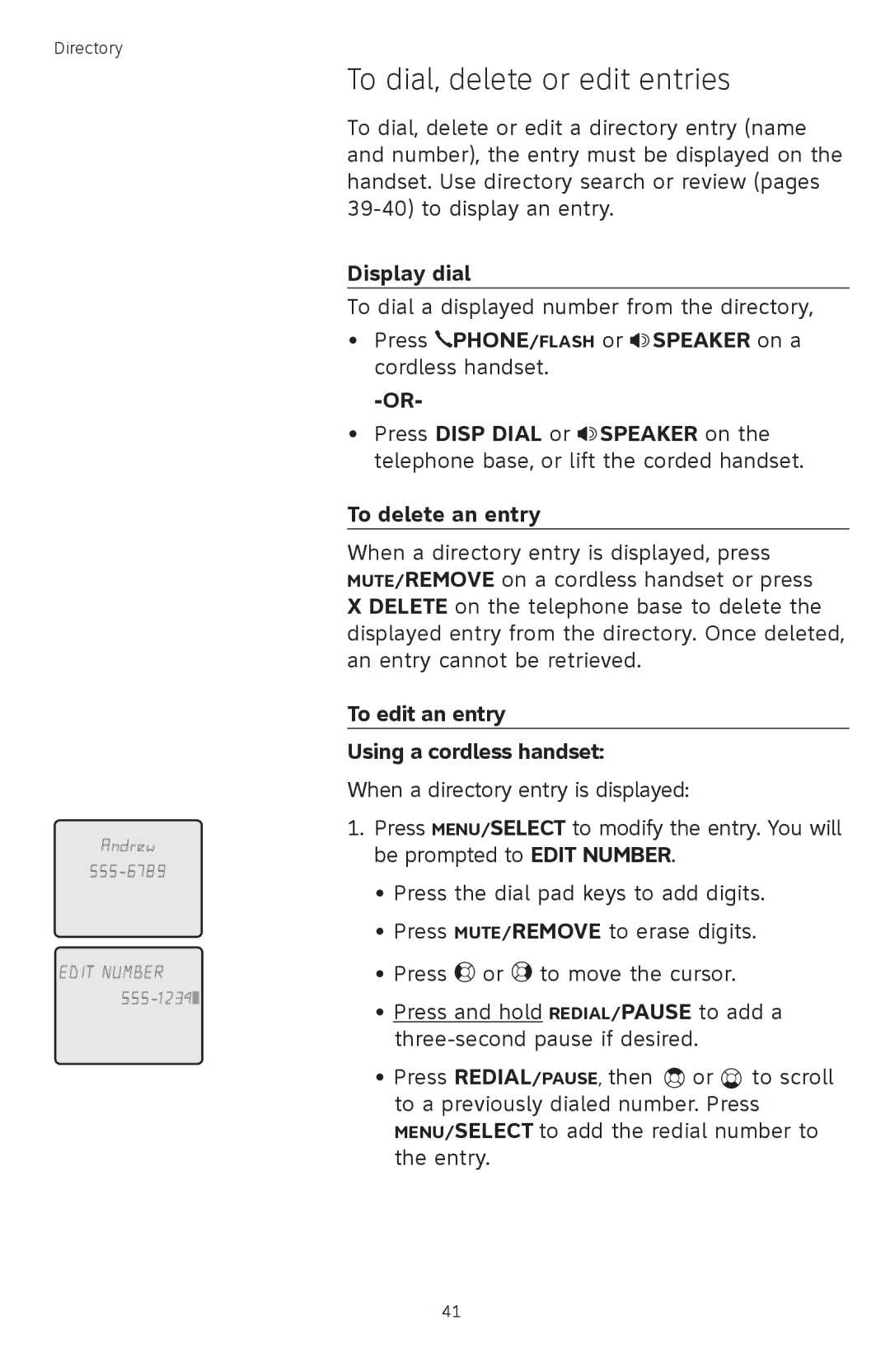 AT&T TL 74208, TL74458, TL74308 To dial, delete or edit entries, Display dial, To edit an entry Using a cordless handset 