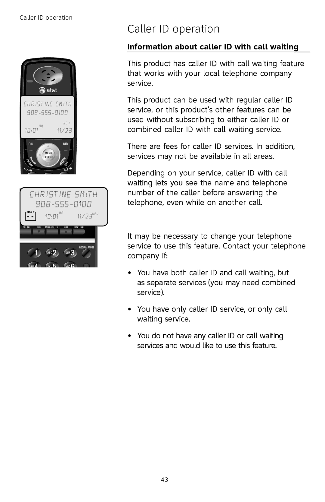 AT&T TL74458, TL74308, TL74358, TL74408, TL 74208, TL74258 Caller ID operation, Information about caller ID with call waiting 