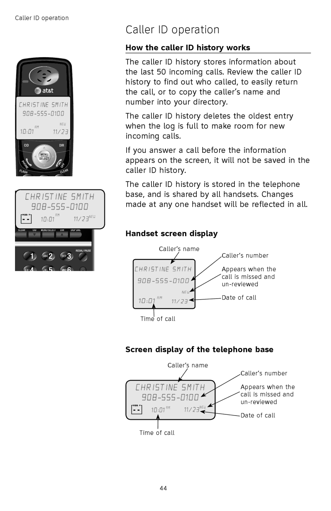 AT&T TL74308, TL74458 How the caller ID history works, Handset screen display, Screen display of the telephone base 