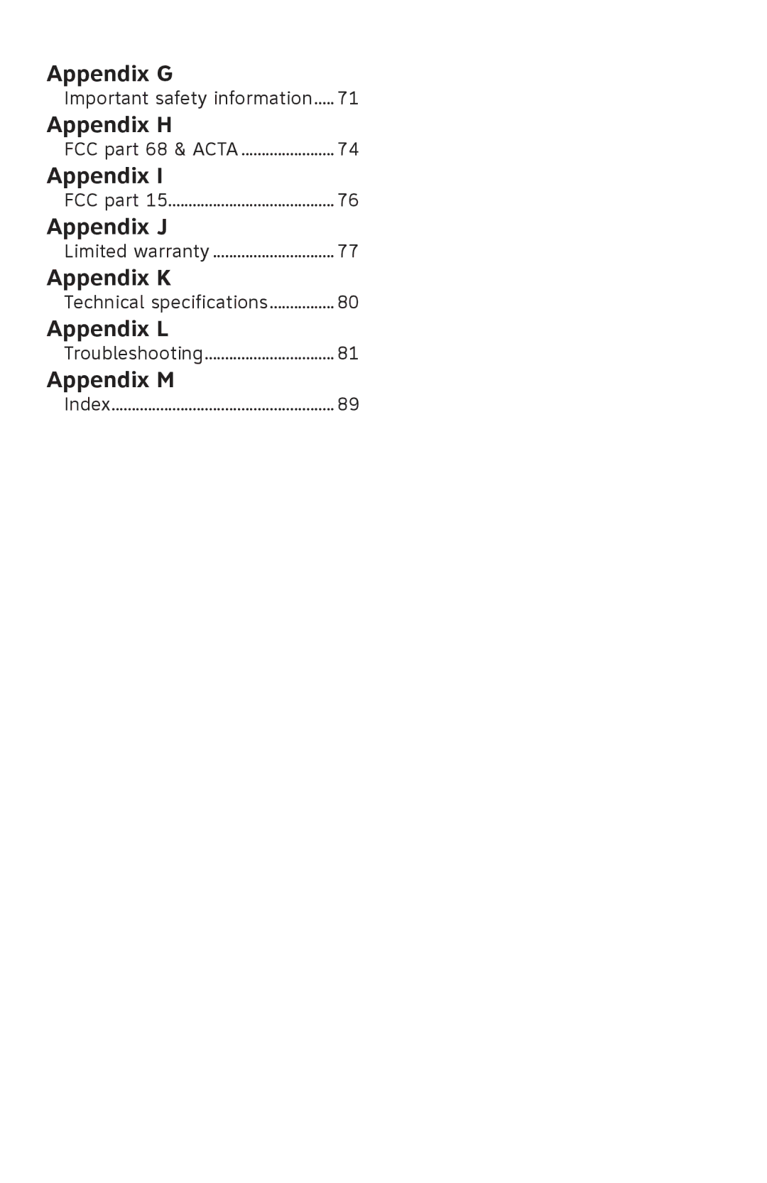 AT&T TL74258, TL74458, TL74308, TL74358, TL74408, TL 74208 user manual Appendix G 