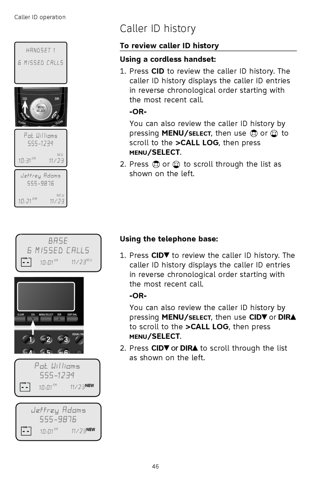 AT&T TL74408, TL74458, TL74308, TL74358, TL 74208 Caller ID history, To review caller ID history Using a cordless handset 