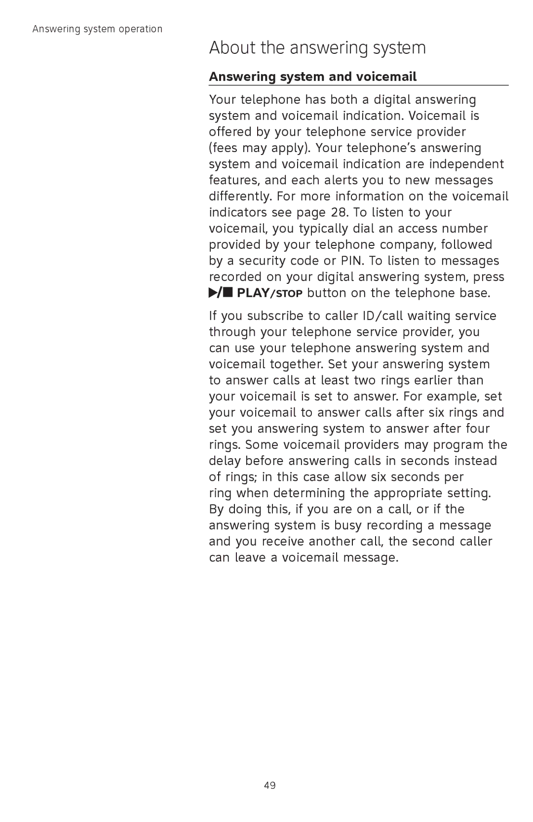 AT&T TL74458, TL74308, TL74358, TL74408, TL 74208, TL74258 About the answering system, Answering system and voicemail 