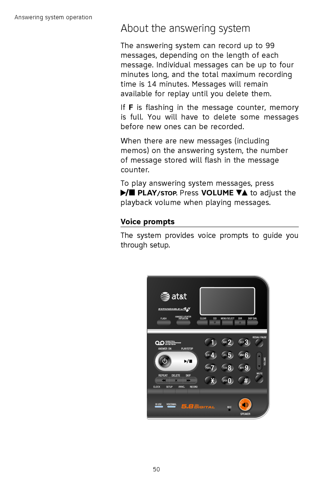 AT&T TL74308, TL74458, TL74358, TL74408, TL 74208, TL74258 user manual Voice prompts 