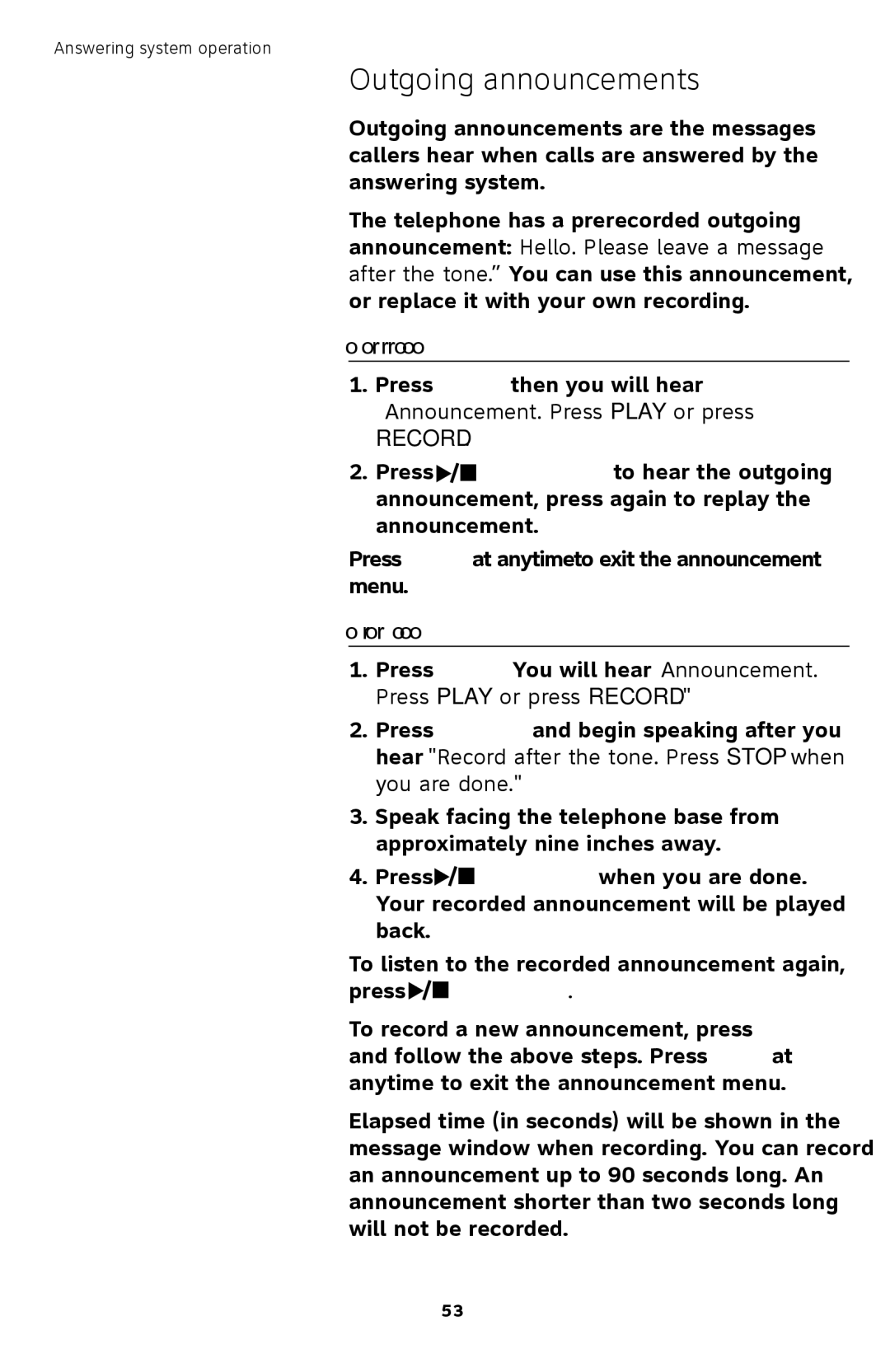 AT&T TL 74208 Outgoing announcements, To play your current outgoing announcement, To record a new outgoing announcement 