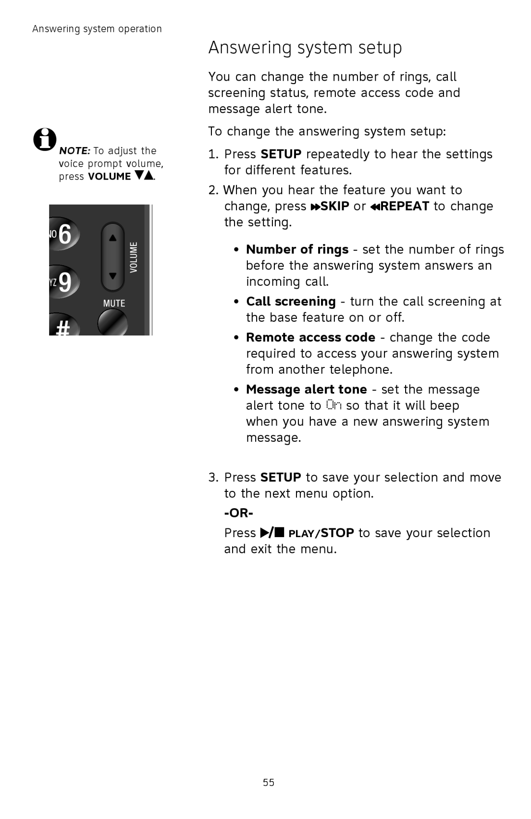 AT&T TL74458, TL74308, TL74358, TL74408, TL 74208, TL74258 user manual Answering system setup 