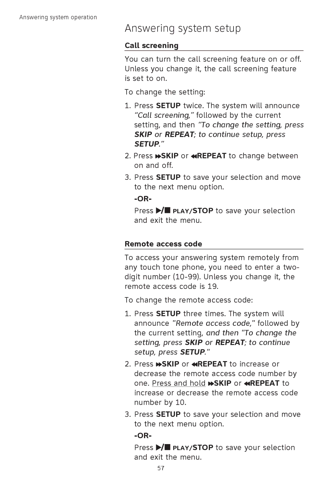 AT&T TL74358, TL74458, TL74308, TL74408, TL 74208, TL74258 user manual Call screening, Remote access code 