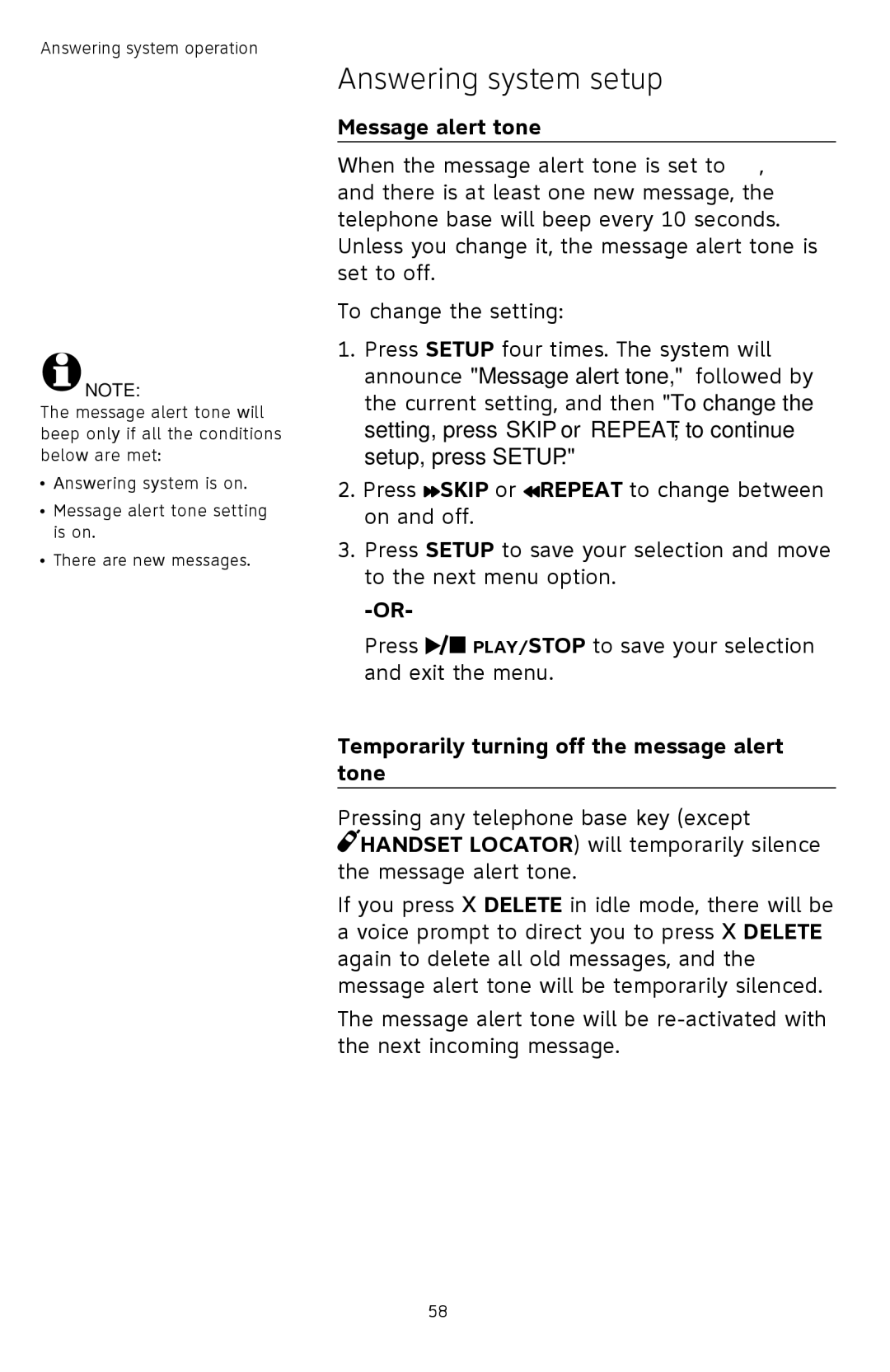 AT&T TL74408, TL74458, TL74308, TL74358, TL 74208, TL74258 Message alert tone, Temporarily turning off the message alert tone 