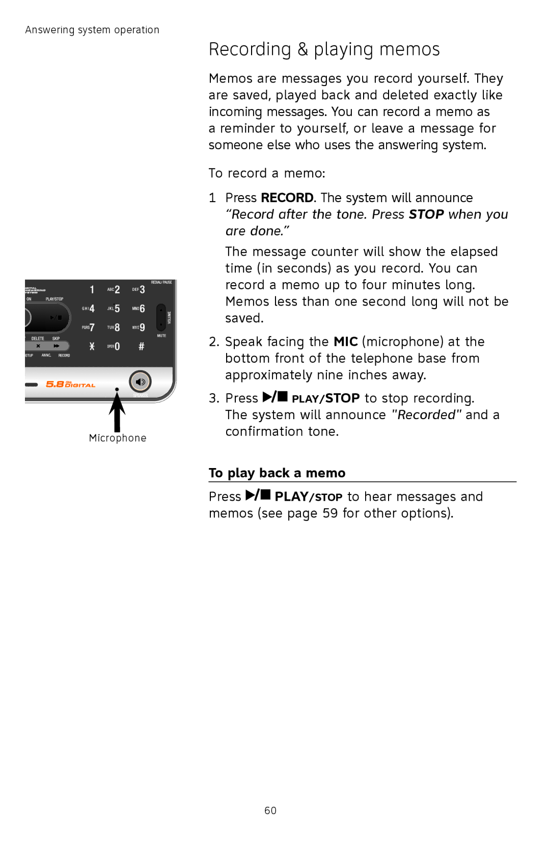 AT&T TL74258, TL74458, TL74308, TL74358, TL74408, TL 74208 user manual Recording & playing memos, To play back a memo 