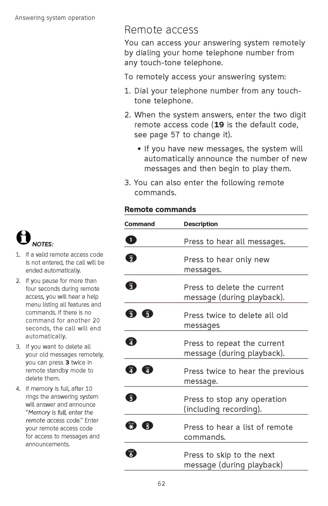 AT&T TL74308, TL74458, TL74358, TL74408, TL 74208, TL74258 user manual Remote access, Remote commands 