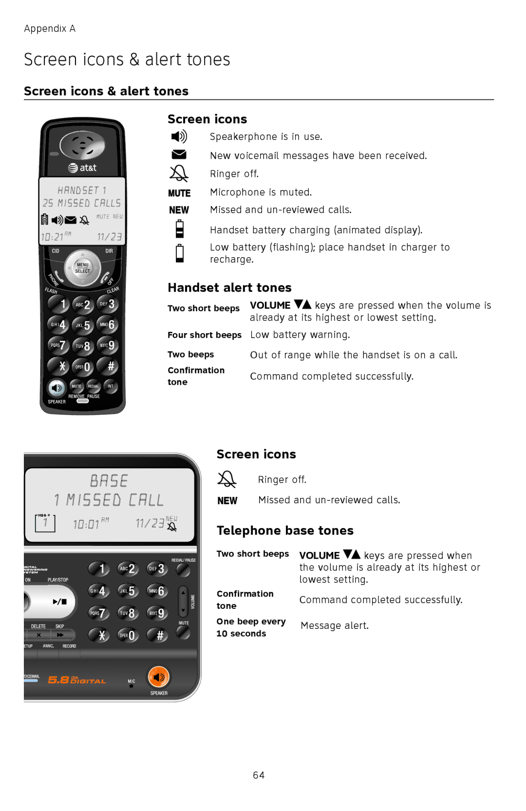 AT&T TL74408, TL74458, TL74308, TL74358, TL 74208 Screen icons & alert tones, Handset alert tones, Telephone base tones 