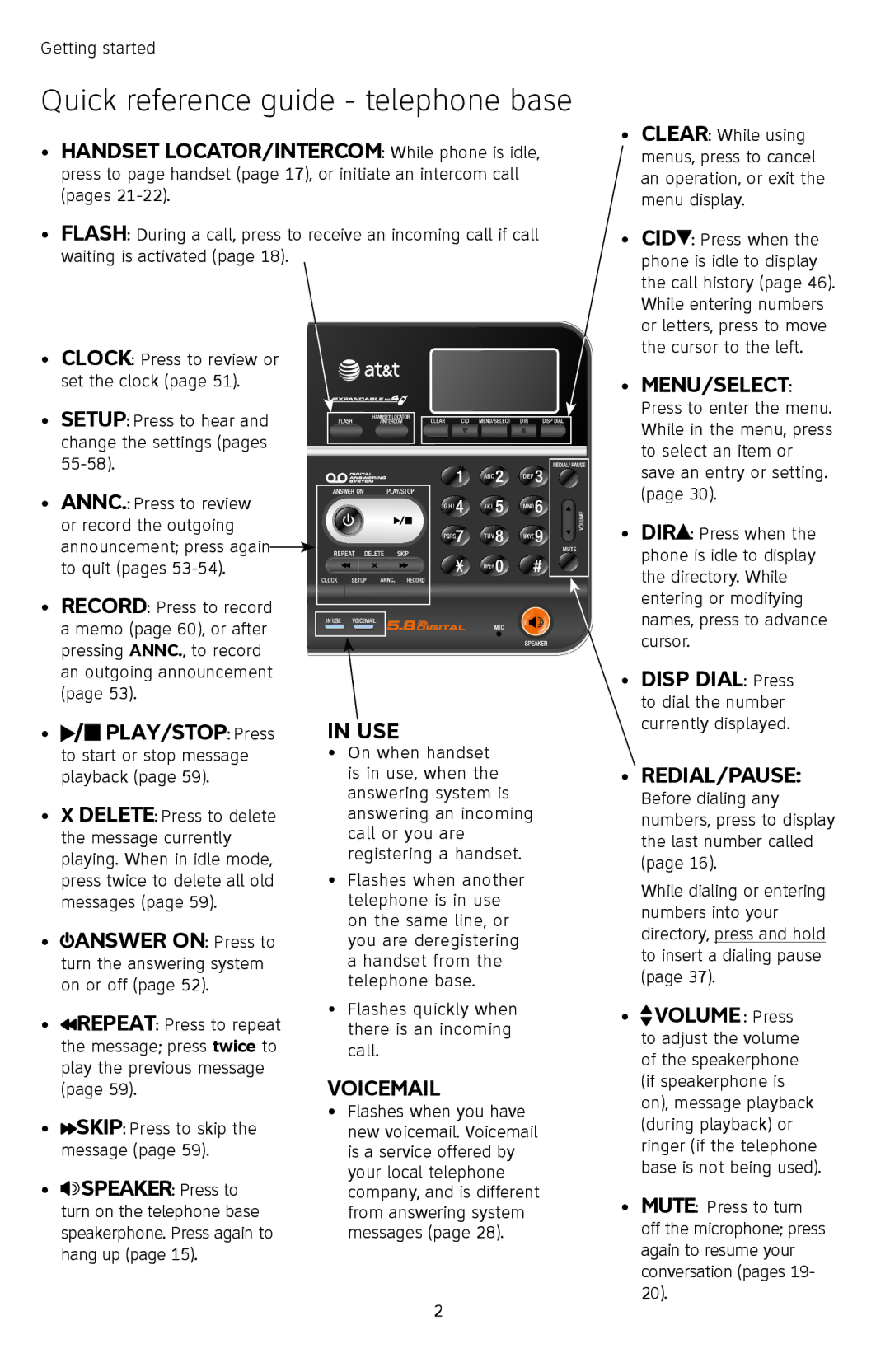 AT&T TL74308, TL74458 Quick reference guide telephone base, Handset LOCATOR/INTERCOM While phone is idle, Disp Dial Press 