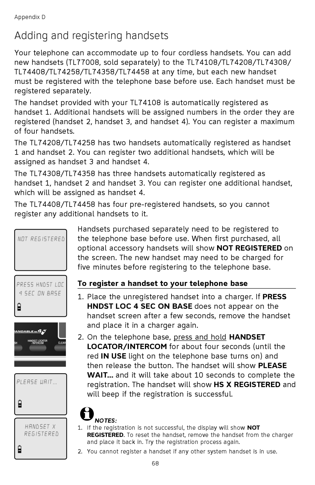 AT&T TL74308, TL74458, TL74358, TL74408 Adding and registering handsets, To register a handset to your telephone base 