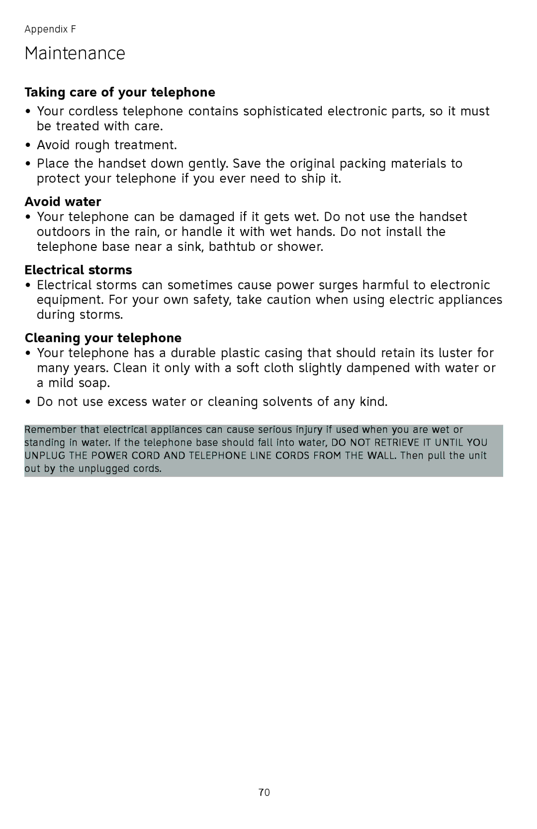 AT&T TL74408, TL74458 Maintenance, Taking care of your telephone, Avoid water, Electrical storms, Cleaning your telephone 