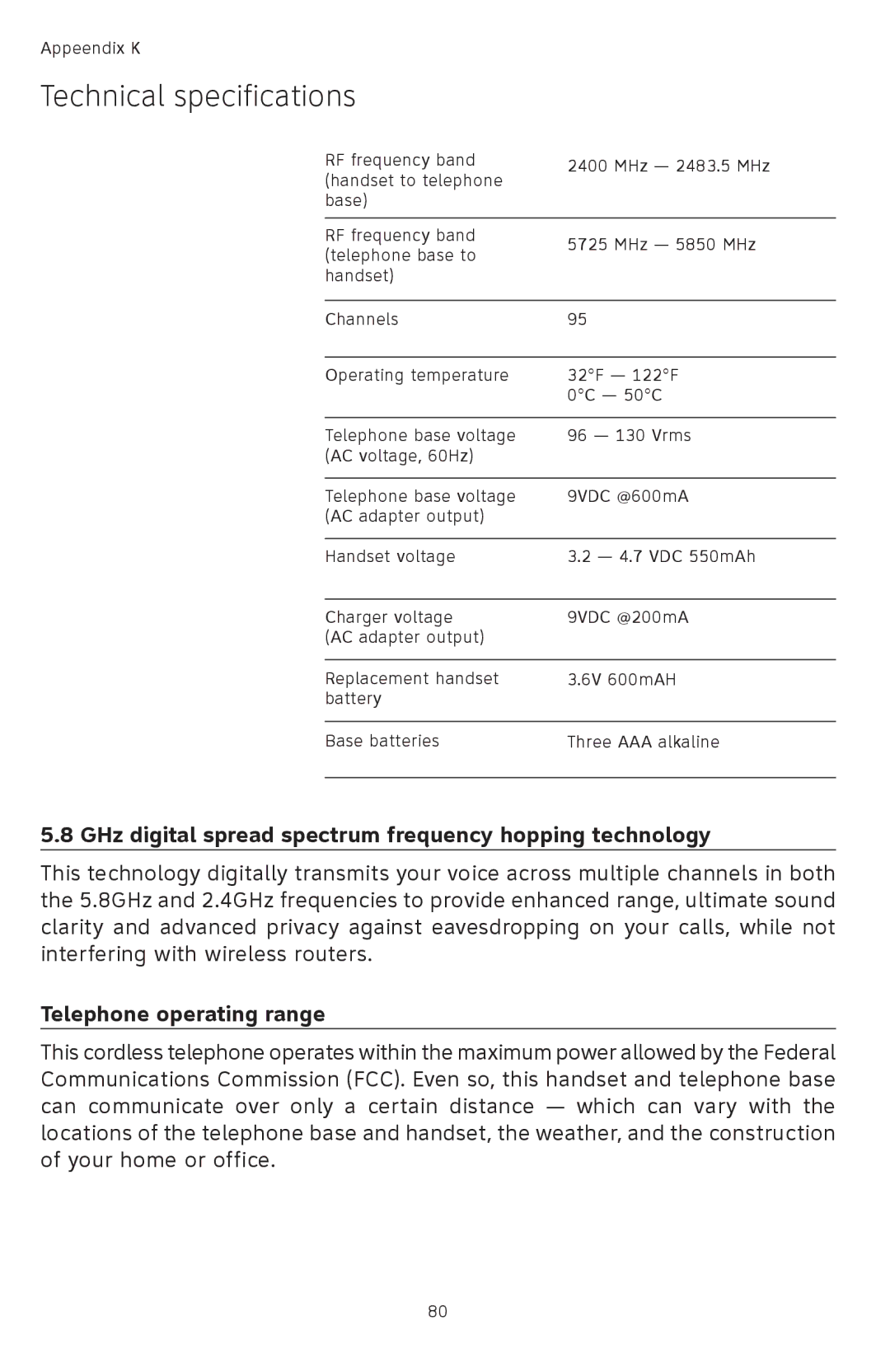 AT&T TL74308 Technical specifications, GHz digital spread spectrum frequency hopping technology, Telephone operating range 