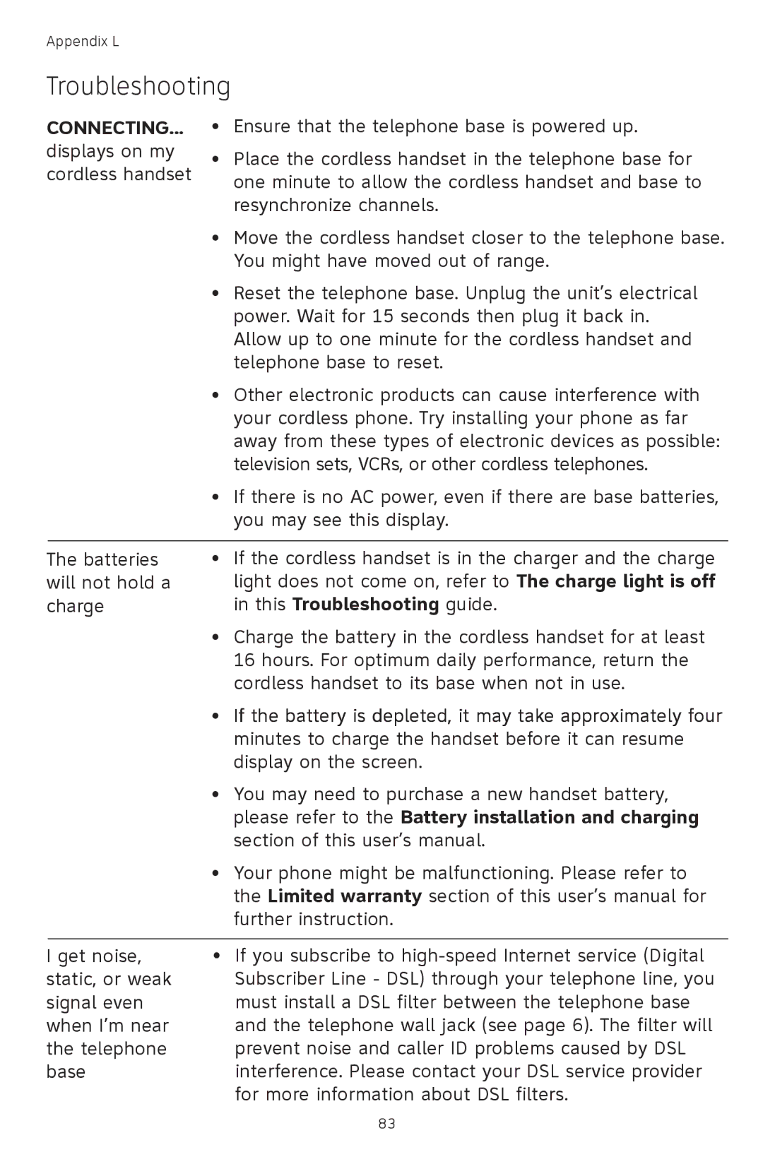 AT&T TL 74208, TL74458, TL74308, TL74358 This Troubleshooting guide, Please refer to the Battery installation and charging 