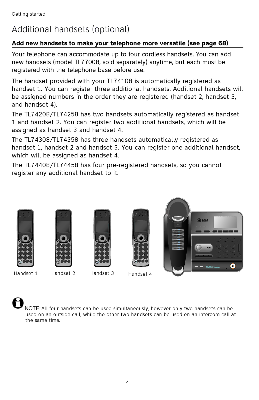 AT&T TL74408, TL74458, TL74308 Additional handsets optional, Add new handsets to make your telephone more versatile see 