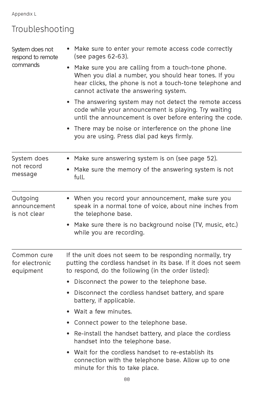 AT&T TL74408, TL74458, TL74308, TL74358, TL 74208, TL74258 user manual System does not respond to remote commands 