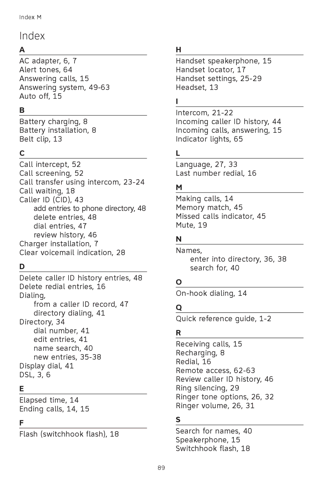 AT&T TL 74208, TL74458, TL74308, TL74358, TL74408, TL74258 user manual Index 