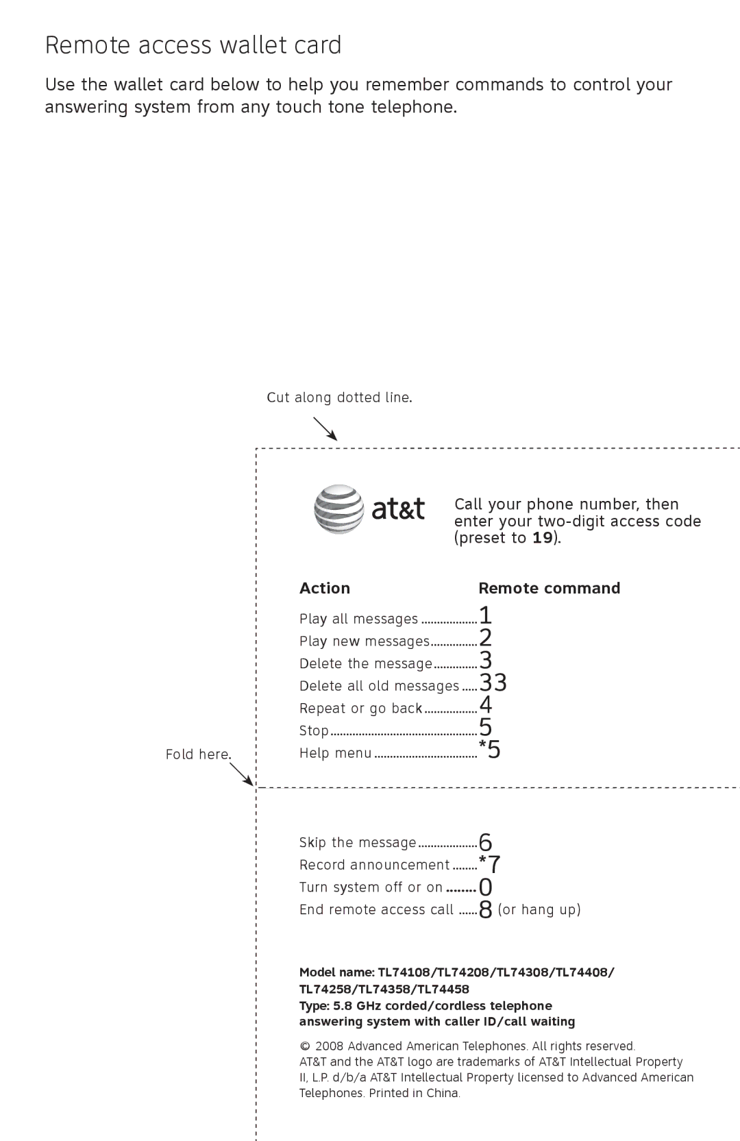 AT&T TL74458, TL74308, TL74358, TL74408, TL 74208, TL74258 user manual Remote access wallet card, Action Remote command 